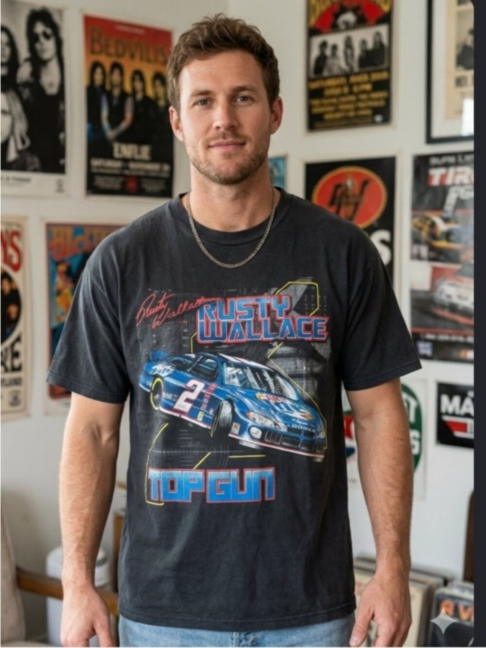 Vintage Rusty Wallace TOP GUN NASCAR Racing Shirt Short Sleeve Black Size L